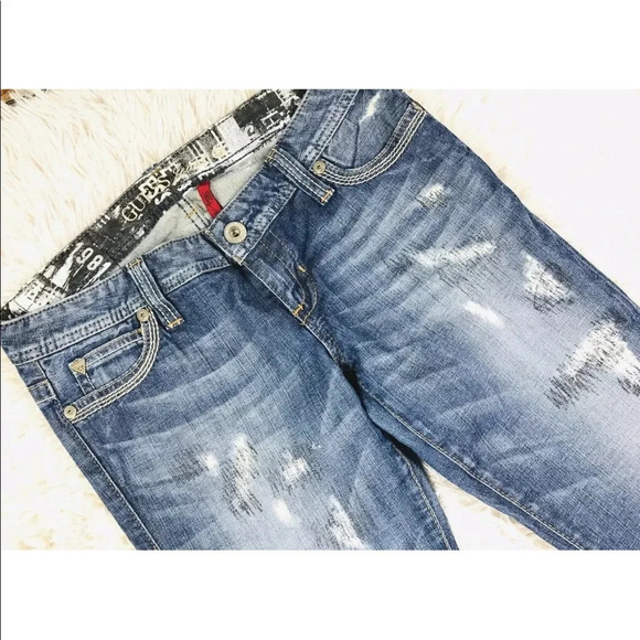 90s GUESS flirty straight parched distress denim jeans size 27 - Picture 3 of 8
